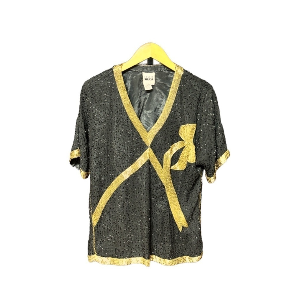 Leslie Fay vintage silk beaded blouse black gold bow design rare medium